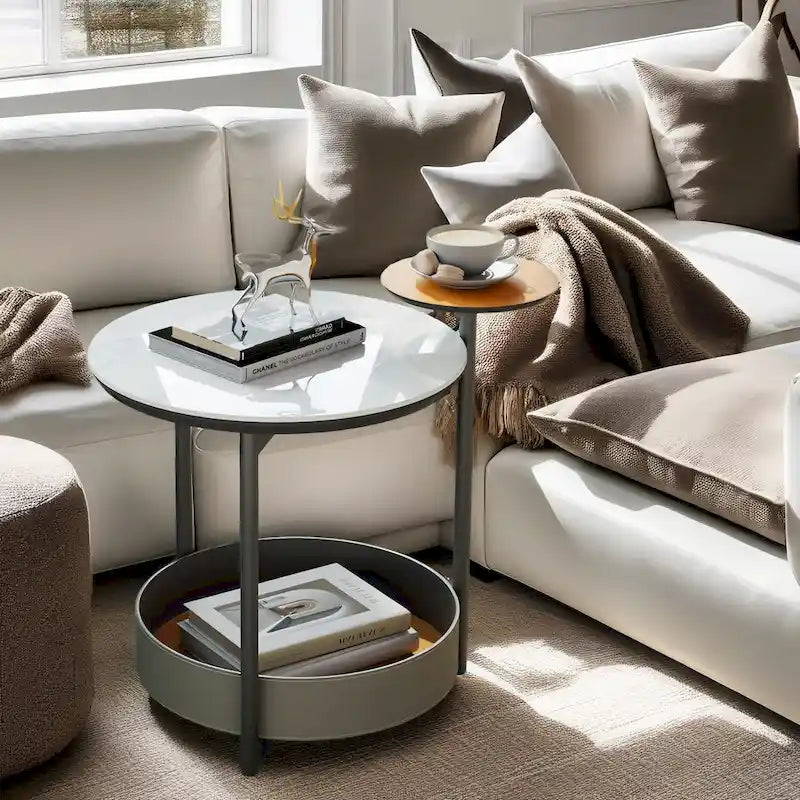 Unique Round Side End Table with 3-Tiers,Sintered Stone-top,Microfiber Saddle Leather Shelves,Accent Bedside Table for Room