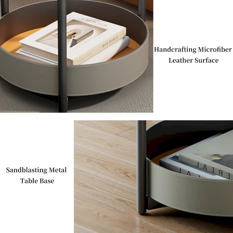 Tavolino rotondo a 3 livelli arancione e nero – Piano in pietra sinterizzata, ripiani in pelle