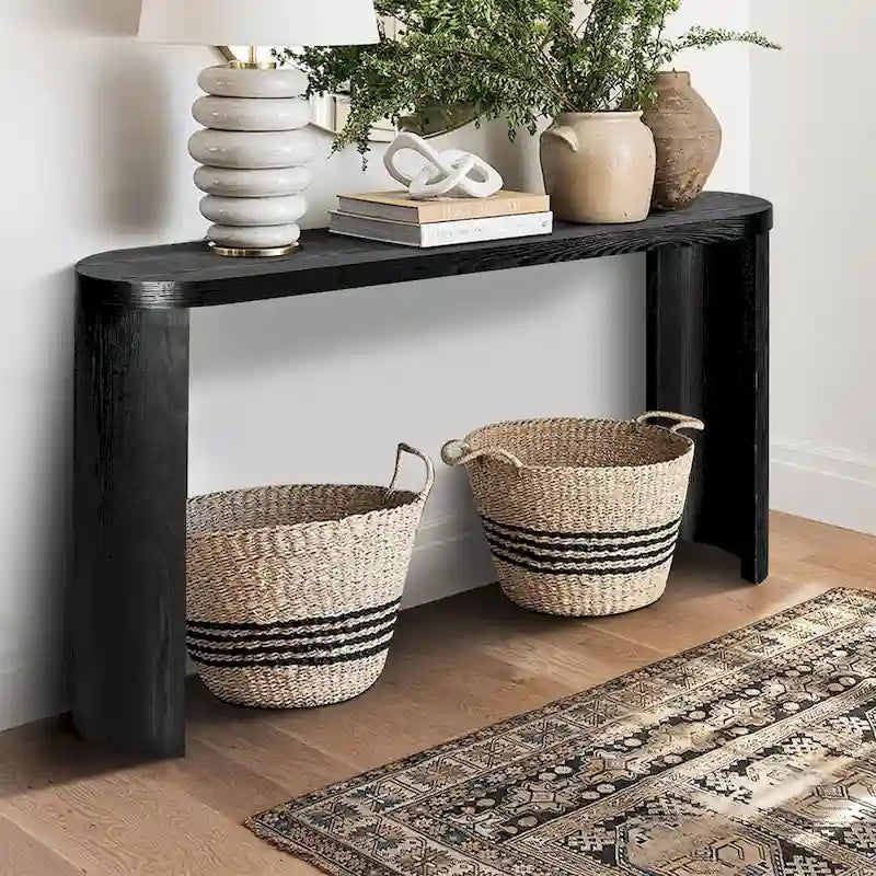 Console nera con gambe curve, piano ovale, montaggio a 1 persona