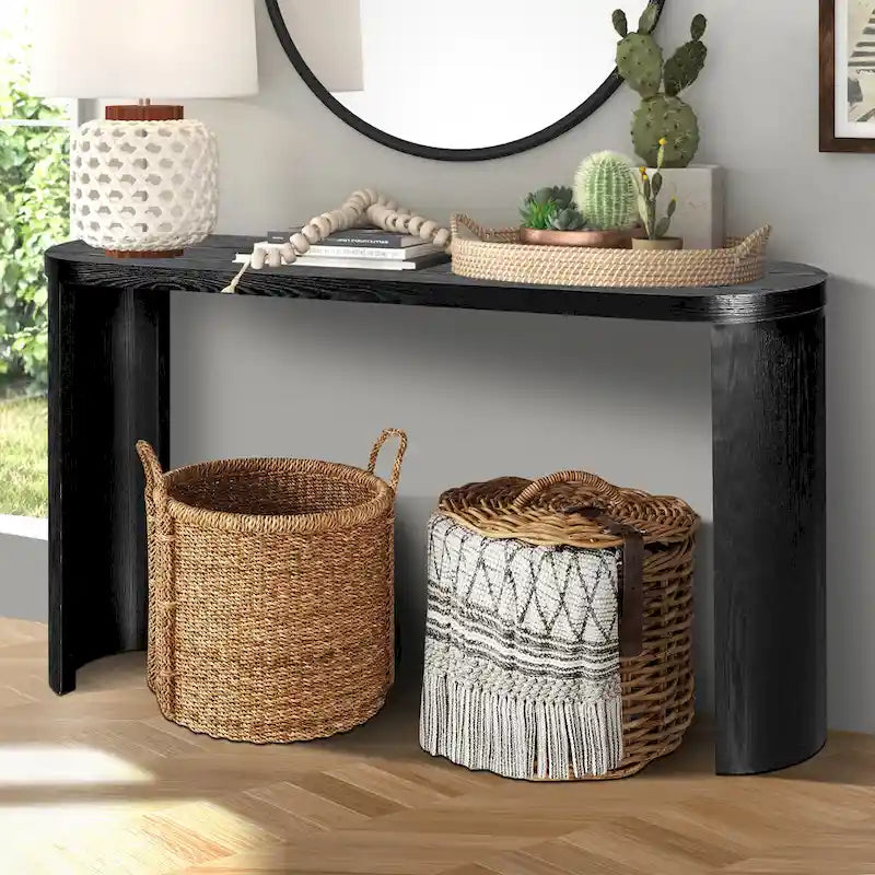 Console nera con gambe curve, piano ovale, montaggio a 1 persona