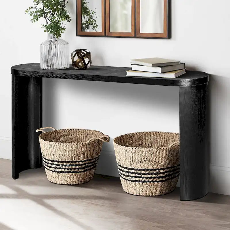 Console nera con gambe curve, piano ovale, montaggio a 1 persona