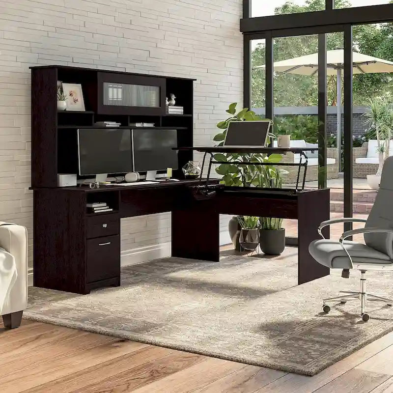 Scrivania angolare con mobile pensile regolabile in altezza, da 72", multicolore, 1 posto