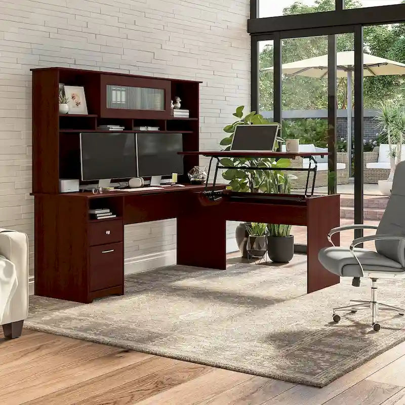 Scrivania angolare con mobile pensile regolabile in altezza, da 72", multicolore, 1 posto