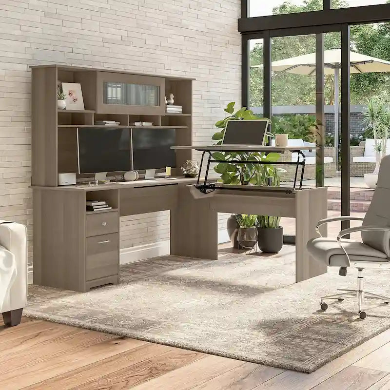 Scrivania angolare con mobile pensile regolabile in altezza, da 72", multicolore, 1 posto