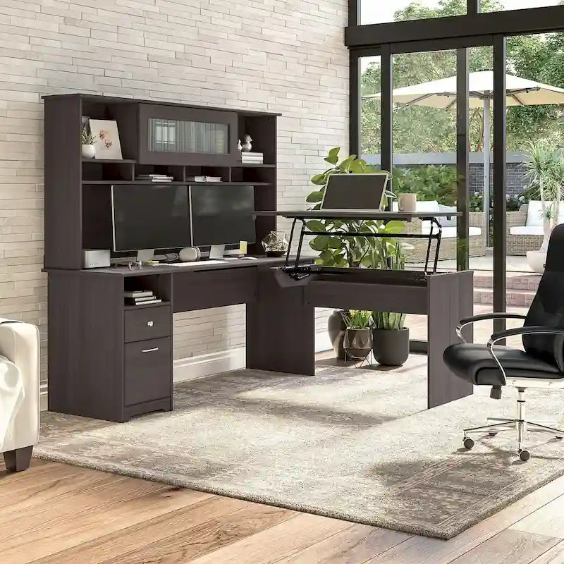 Scrivania angolare con mobile pensile regolabile in altezza, da 72", multicolore, 1 posto