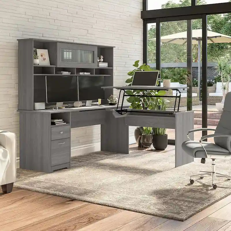 Scrivania angolare con mobile pensile regolabile in altezza, da 72", multicolore, 1 posto