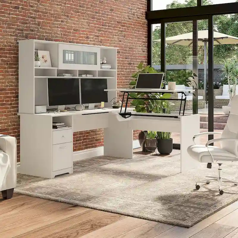 Scrivania angolare con mobile pensile regolabile in altezza, da 72", multicolore, 1 posto