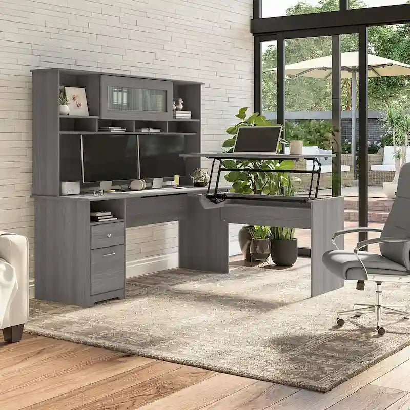 Scrivania angolare con mobile pensile regolabile in altezza, da 72", multicolore, 1 posto