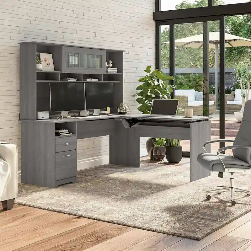 Scrivania angolare con mobile pensile regolabile in altezza, da 72", multicolore, 1 posto