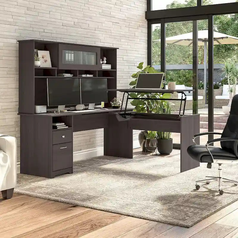 Scrivania angolare con mobile pensile regolabile in altezza, da 72", multicolore, 1 posto