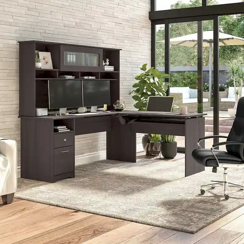 Scrivania angolare con mobile pensile regolabile in altezza, da 72", multicolore, 1 posto
