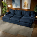 Divano sezionale modulare in ciniglia blu/beige/nero, 6 posti