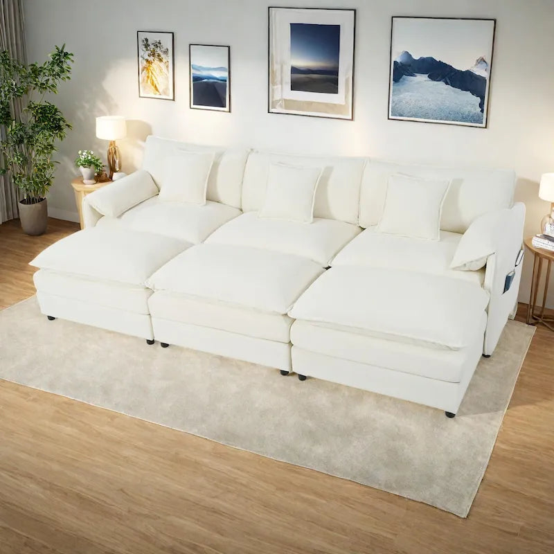 Divano sezionale modulare in ciniglia blu/beige/nero, 6 posti
