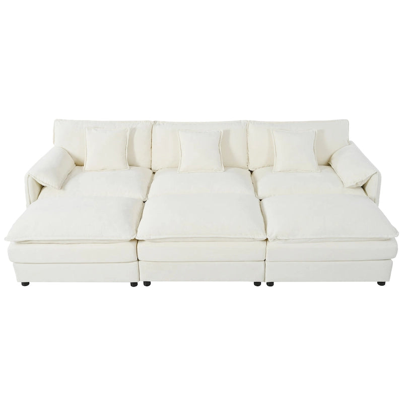 Divano sezionale modulare in ciniglia blu/beige/nero, 6 posti