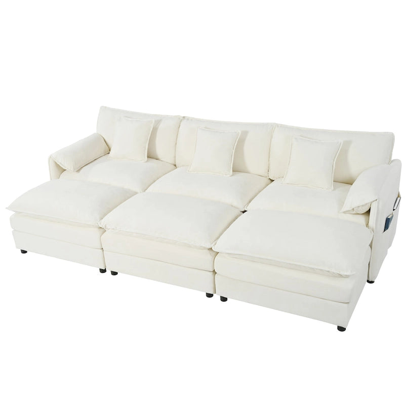 Divano sezionale modulare in ciniglia blu/beige/nero, 6 posti