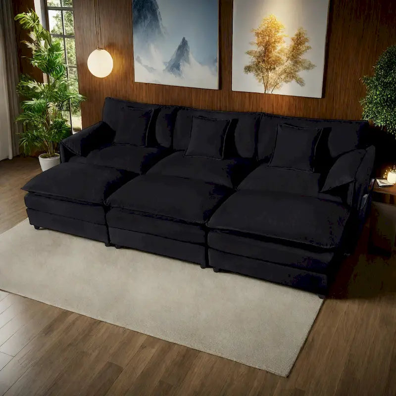 Divano sezionale modulare in ciniglia blu/beige/nero, 6 posti