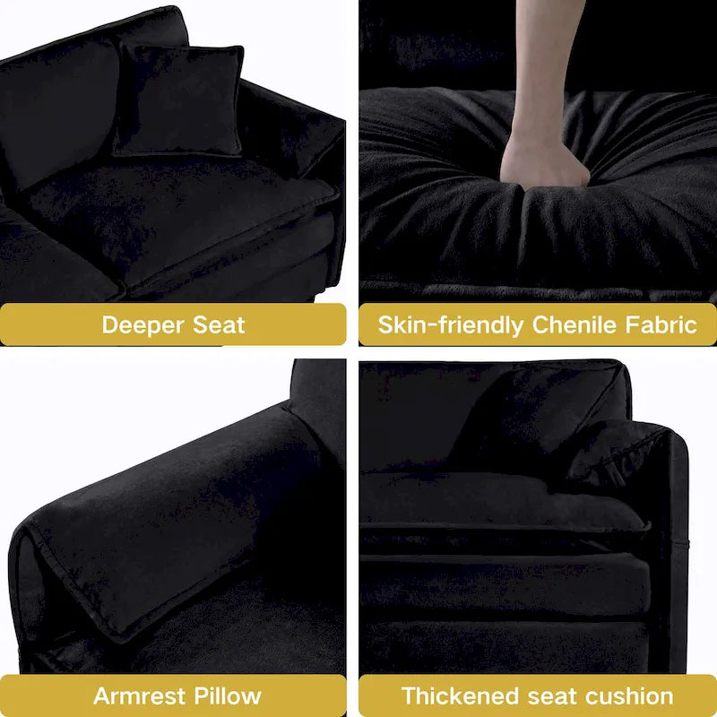 Divano sezionale modulare in ciniglia blu/beige/nero, 6 posti