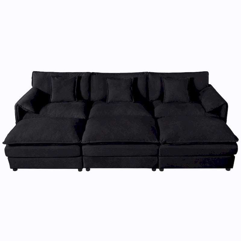 Divano sezionale modulare in ciniglia blu/beige/nero, 6 posti