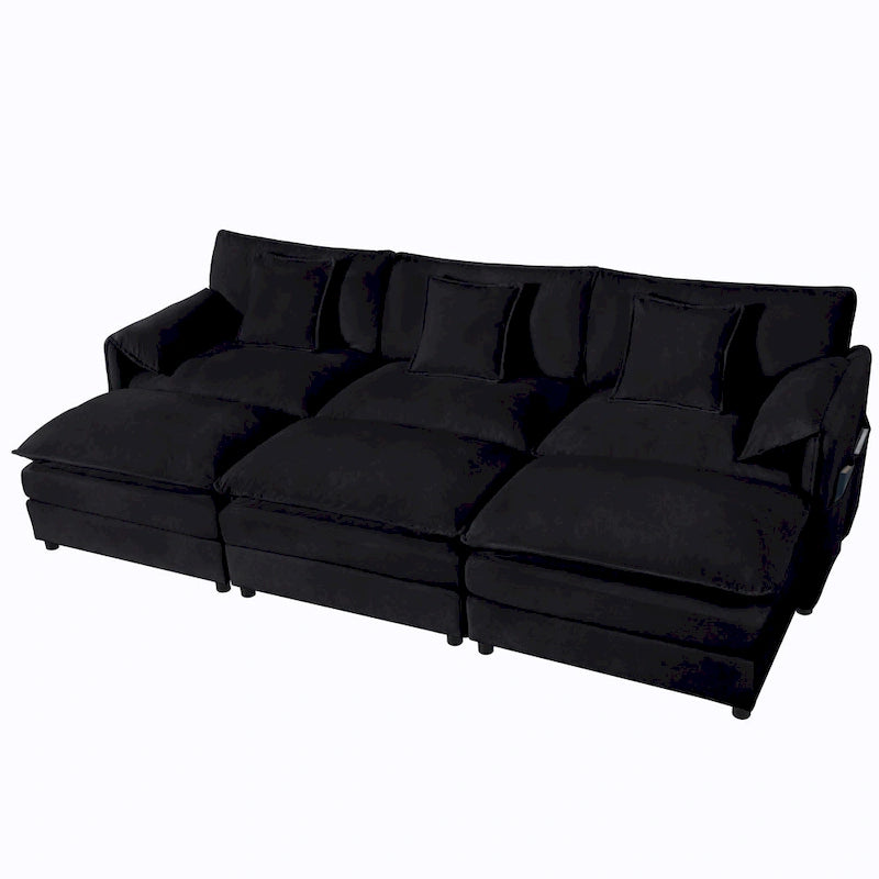 Divano sezionale modulare in ciniglia blu/beige/nero, 6 posti