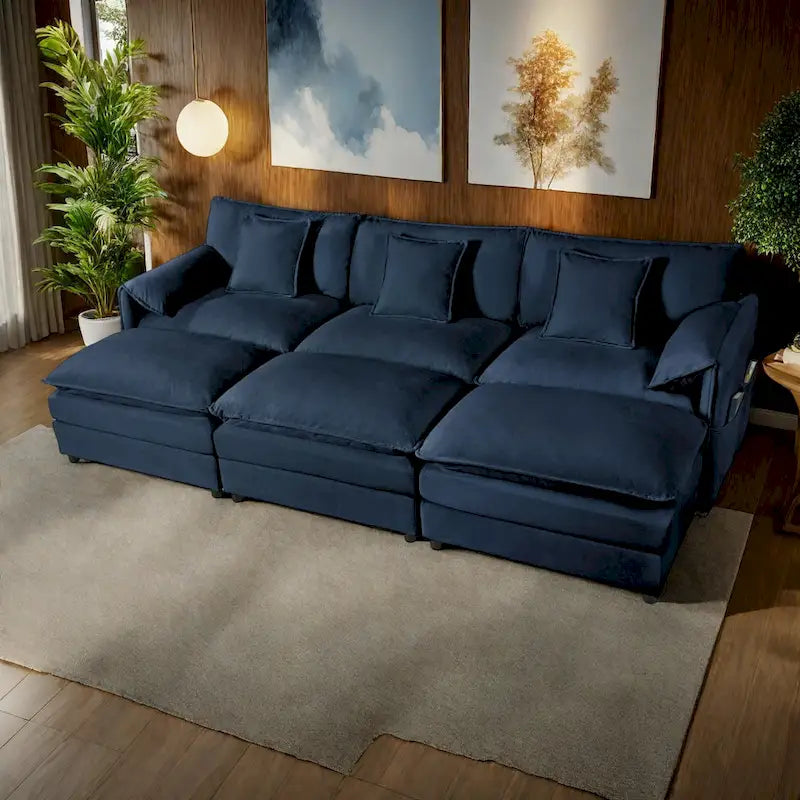 Divano sezionale modulare in ciniglia blu/beige/nero, 6 posti