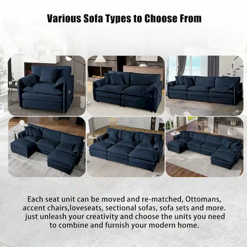 Divano sezionale modulare in ciniglia blu/beige/nero, 6 posti