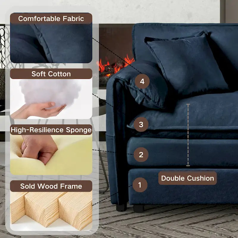 Divano sezionale modulare in ciniglia blu/beige/nero, 6 posti