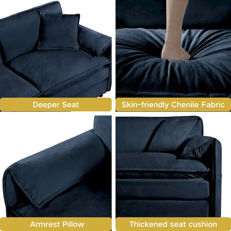 Divano sezionale modulare in ciniglia blu/beige/nero, 6 posti
