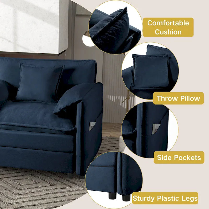 Divano sezionale modulare in ciniglia blu/beige/nero, 6 posti