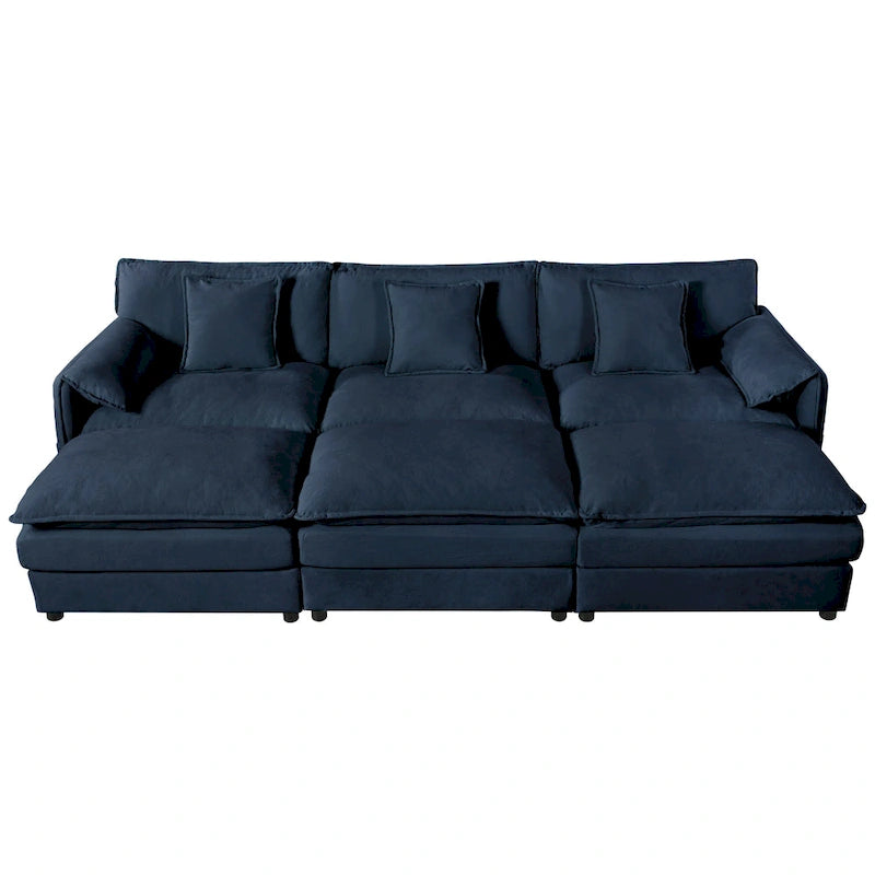 Divano sezionale modulare in ciniglia blu/beige/nero, 6 posti
