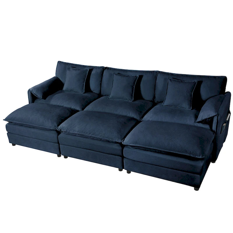 Divano sezionale modulare in ciniglia blu/beige/nero, 6 posti