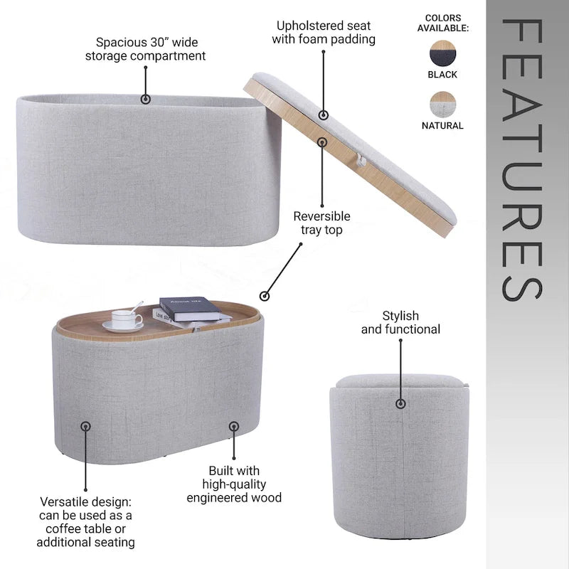 Pouf versatile reversibile con ampio vano contenitore per un soggiorno elegante