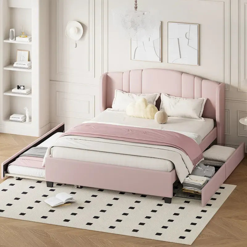 Letto queen size imbottito in lino rosa/beige con schienale a orecchioni, letto estraibile e 2 cassetti, adatto per 1-2 persone