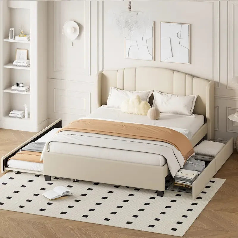 Letto queen size imbottito in lino rosa/beige con schienale a orecchioni, letto estraibile e 2 cassetti, adatto per 1-2 persone