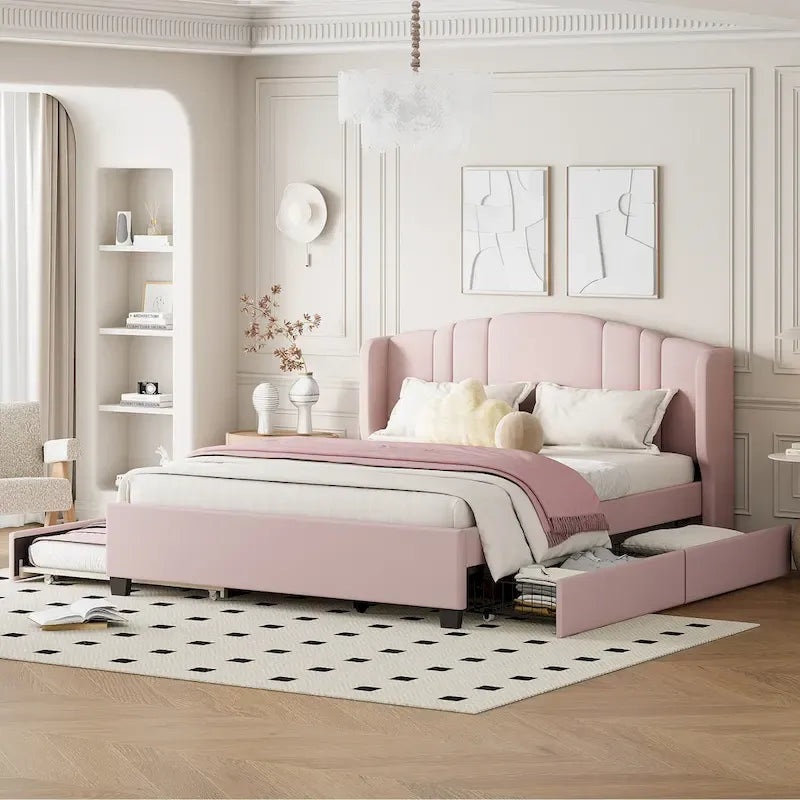 Letto queen size imbottito in lino rosa/beige con schienale a orecchioni, letto estraibile e 2 cassetti, adatto per 1-2 persone
