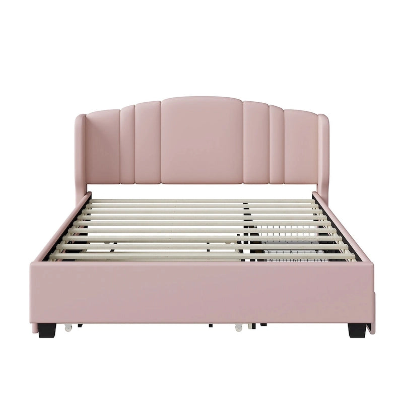 Letto queen size imbottito in lino rosa/beige con schienale a orecchioni, letto estraibile e 2 cassetti, adatto per 1-2 persone