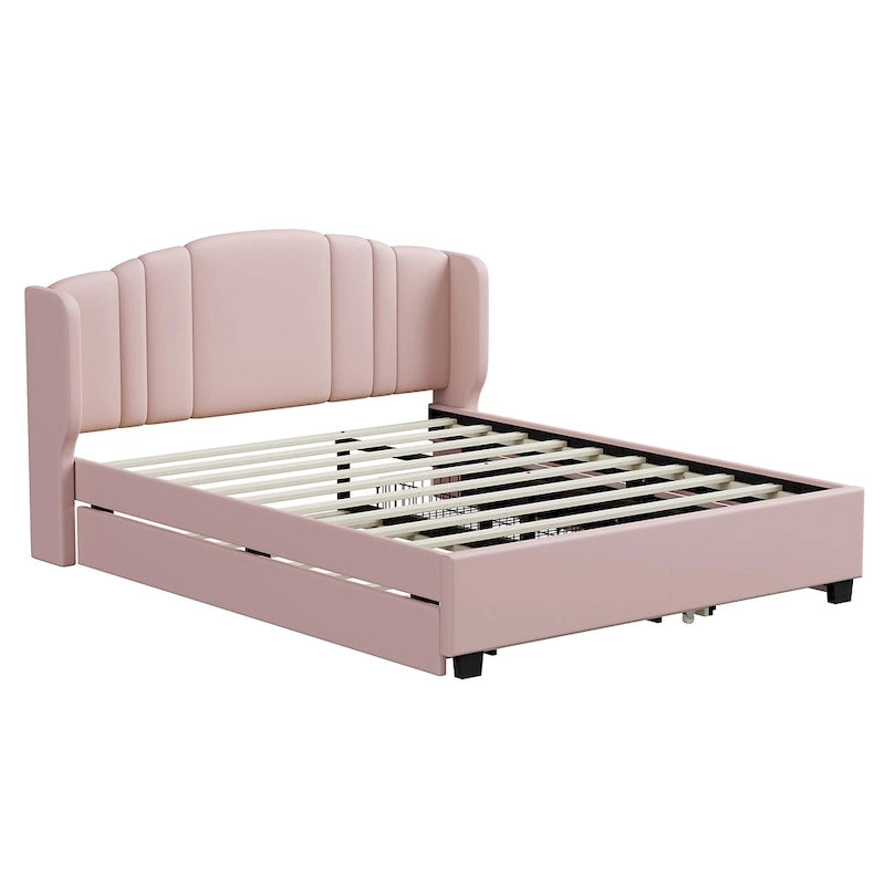 Letto queen size imbottito in lino rosa/beige con schienale a orecchioni, letto estraibile e 2 cassetti, adatto per 1-2 persone