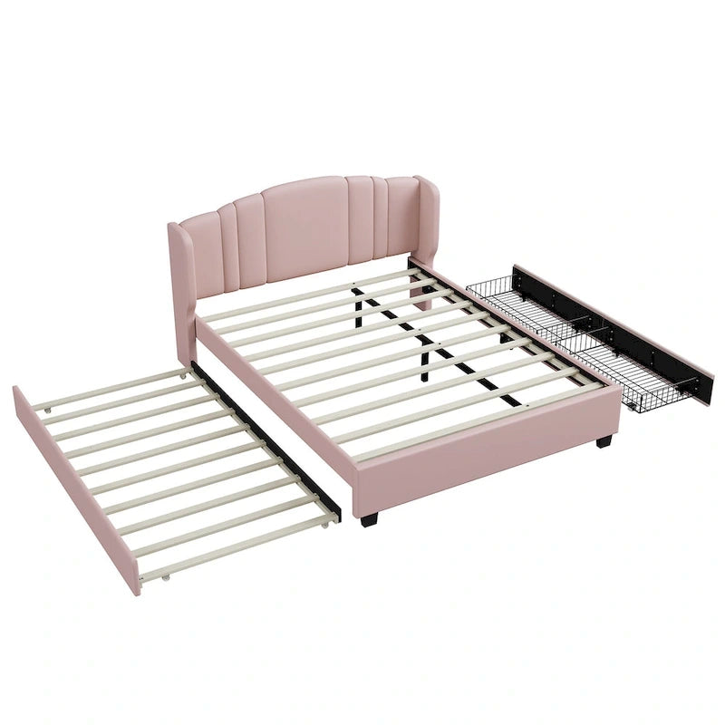 Letto queen size imbottito in lino rosa/beige con schienale a orecchioni, letto estraibile e 2 cassetti, adatto per 1-2 persone