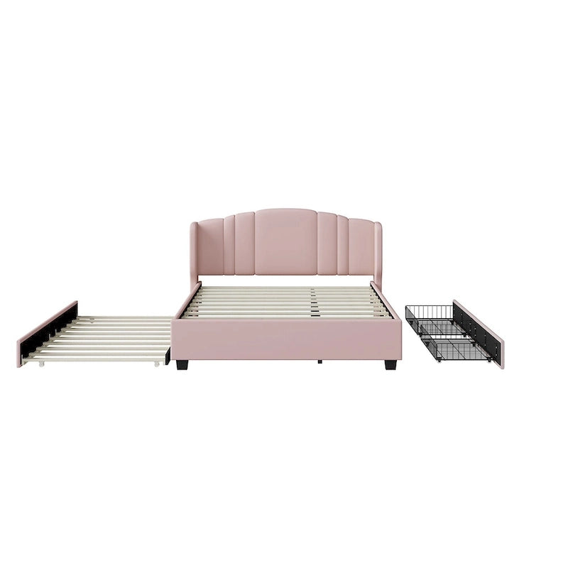 Letto queen size imbottito in lino rosa/beige con schienale a orecchioni, letto estraibile e 2 cassetti, adatto per 1-2 persone