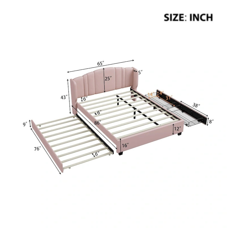 Letto queen size imbottito in lino rosa/beige con schienale a orecchioni, letto estraibile e 2 cassetti, adatto per 1-2 persone