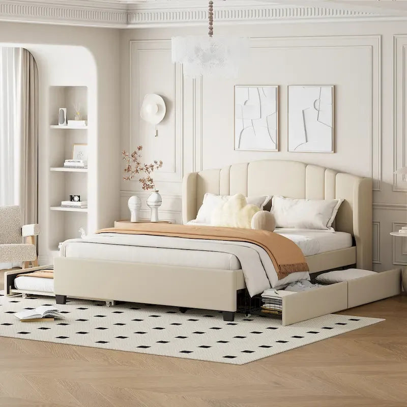 Letto queen size imbottito in lino rosa/beige con schienale a orecchioni, letto estraibile e 2 cassetti, adatto per 1-2 persone