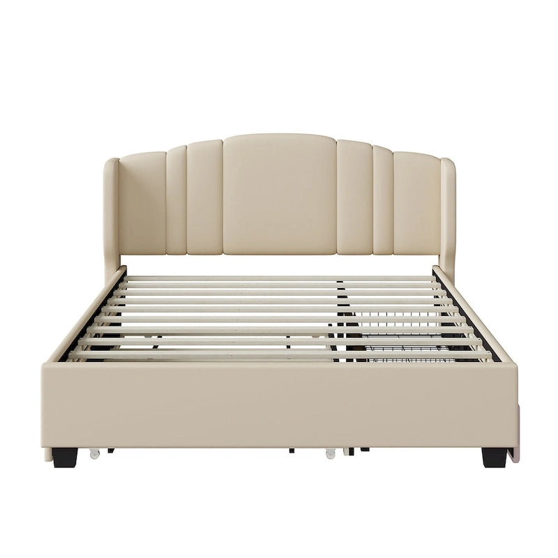 Letto queen size imbottito in lino rosa/beige con schienale a orecchioni, letto estraibile e 2 cassetti, adatto per 1-2 persone