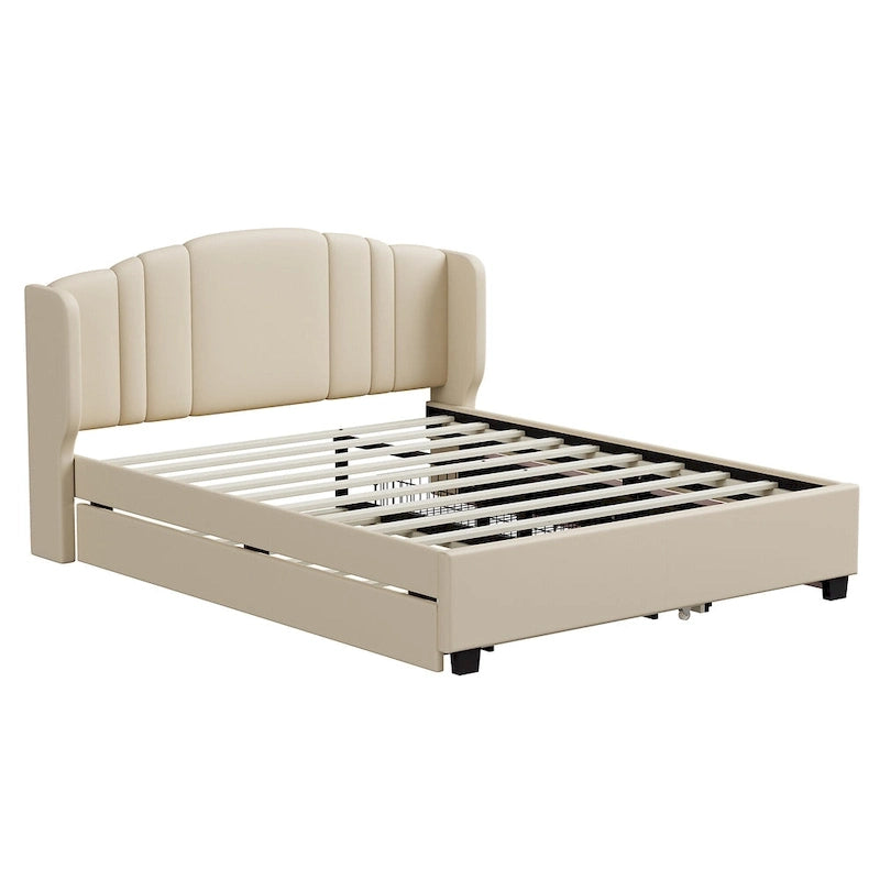 Letto queen size imbottito in lino rosa/beige con schienale a orecchioni, letto estraibile e 2 cassetti, adatto per 1-2 persone