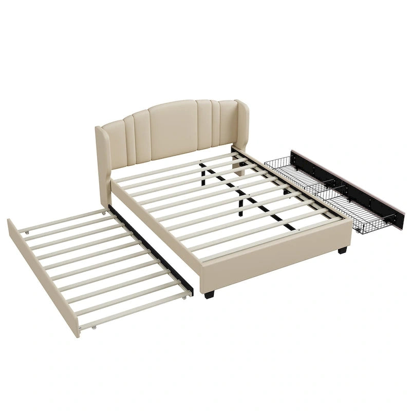 Letto queen size imbottito in lino rosa/beige con schienale a orecchioni, letto estraibile e 2 cassetti, adatto per 1-2 persone