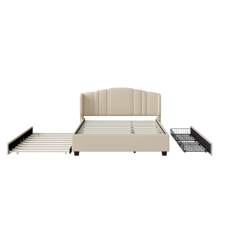 Letto queen size imbottito in lino rosa/beige con schienale a orecchioni, letto estraibile e 2 cassetti, adatto per 1-2 persone