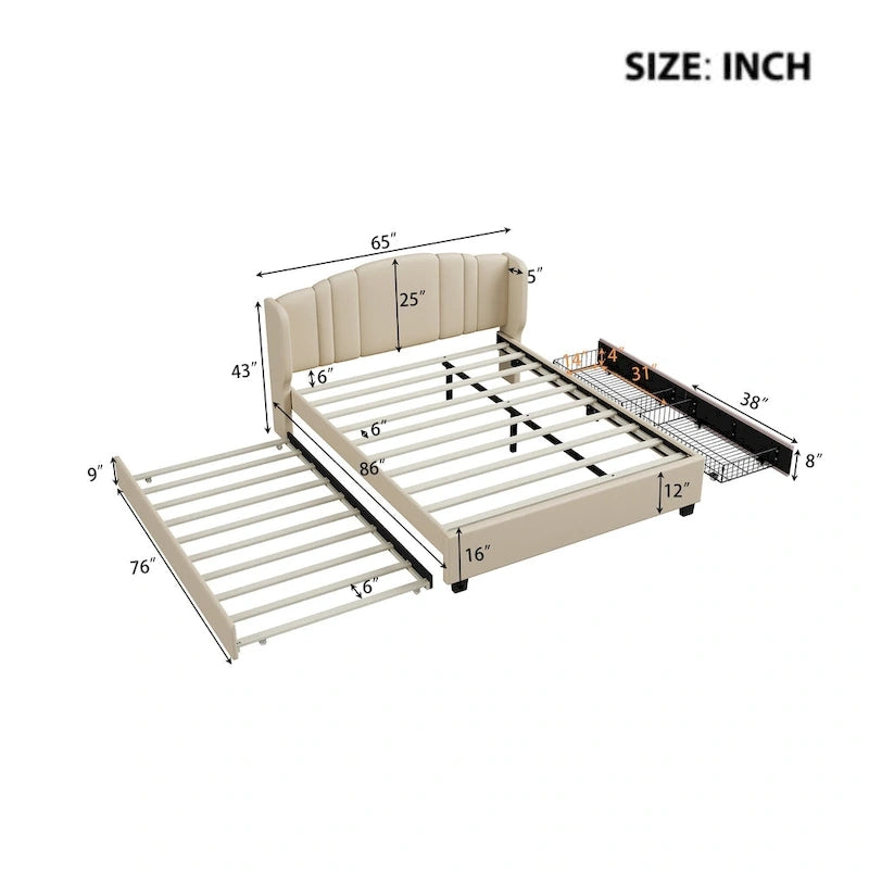 Letto queen size imbottito in lino rosa/beige con schienale a orecchioni, letto estraibile e 2 cassetti, adatto per 1-2 persone