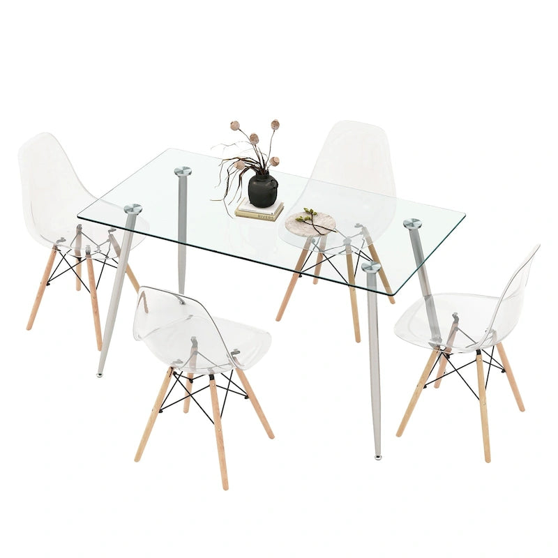 Set da Pranzo 5 Pezzi Rettangolare in Vetro Argento e Naturale per 4 Persone