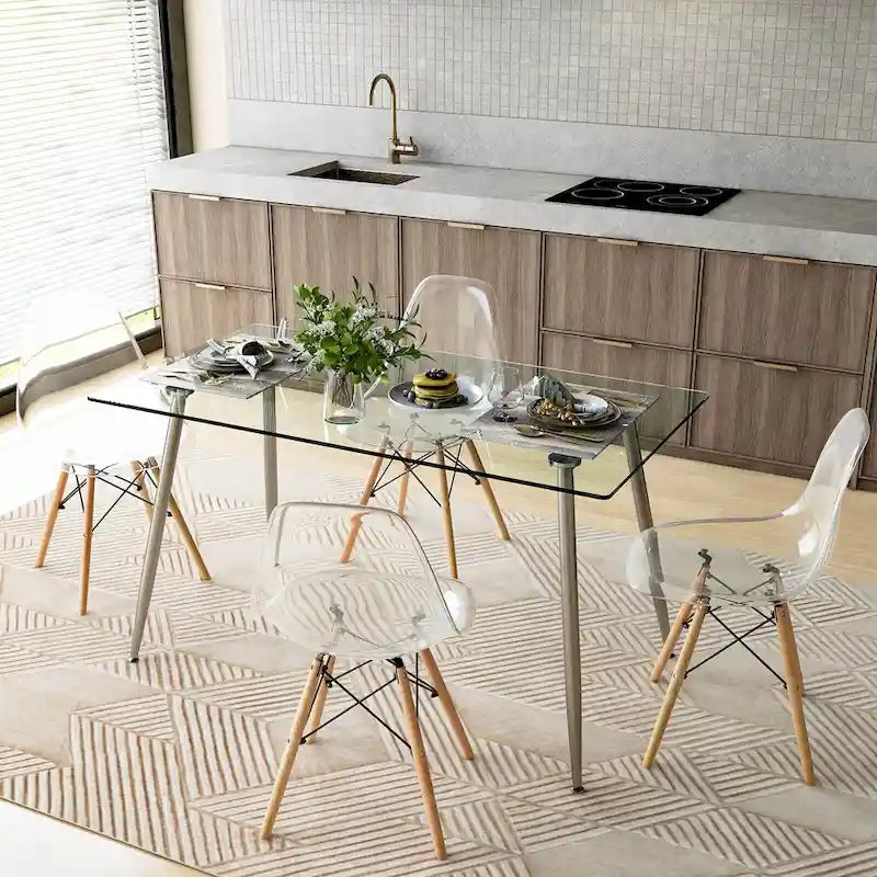 Set da Pranzo 5 Pezzi Rettangolare in Vetro Argento e Naturale per 4 Persone