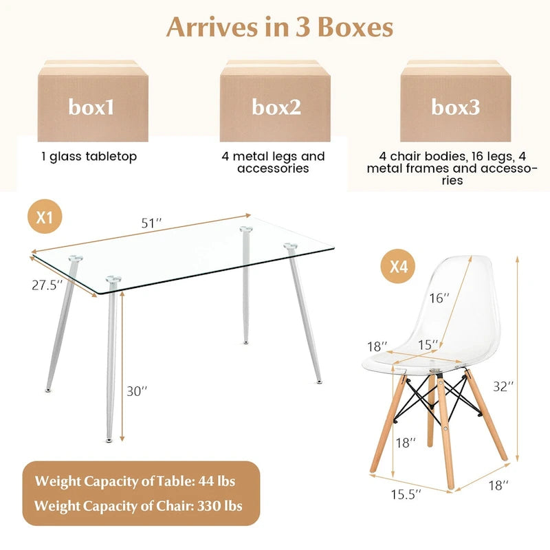 Set da Pranzo 5 Pezzi Rettangolare in Vetro Argento e Naturale per 4 Persone