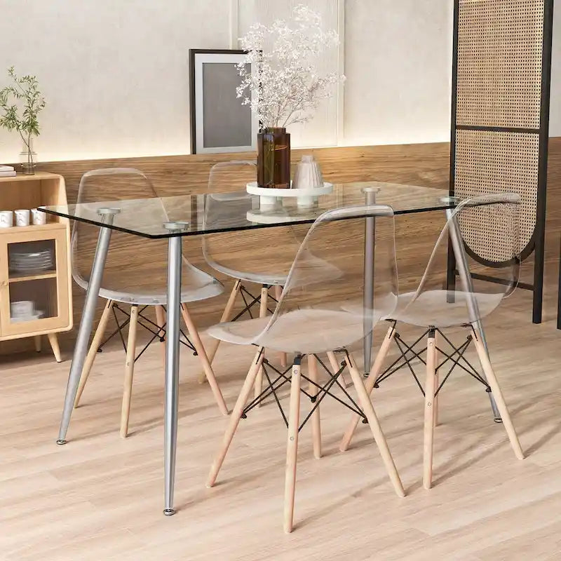 Set da Pranzo 5 Pezzi Rettangolare in Vetro Argento e Naturale per 4 Persone