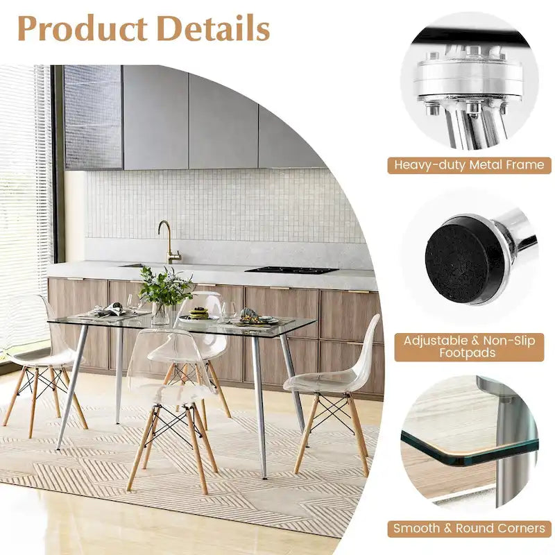 Set da Pranzo 5 Pezzi Rettangolare in Vetro Argento e Naturale per 4 Persone